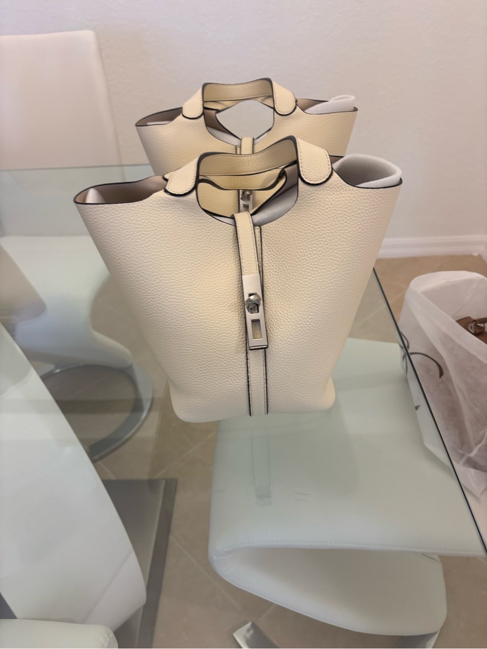 Cream Pebble Leather Top-Handle Tote with Silver Accent - Picture 2 of 7